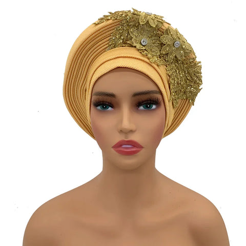 Image of Embroidery Flower African Autogele Headtie Women's Fashion Turban Cap Wedding Gele Party Headpiece Nigeria Female Head Wraps-FrenzyAfricanFashion.com