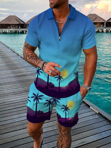 Image of Hawaiian Men Polo Set Lapel Zipper Shirt Short Pants 2 Piece Summer Beach Outfits Coconut Tree 3D Printed Oversized Casual Suit-FrenzyAfricanFashion.com