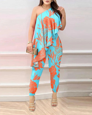 Image of Sexy Open Back Jumpsuits 2023 Summer Print Oblique Collar One Shoulder Panel Tight Jumpsuit S-XXXL-FrenzyAfricanFashion.com