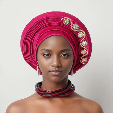 Image of African auto gele Headtie Wedding Party Headpiece Women Head Wraps Muslim Hat-FrenzyAfricanFashion.com