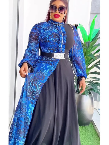 Image of Elegant African Dresses For Women 2024 New Summer Fashion Long Sleeve Muslim Print Wedding Evening Party Chiffon Maxi Dress-FrenzyAfricanFashion.com