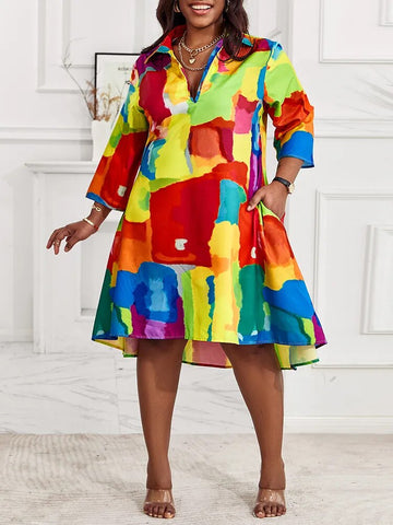 Image of Plus Size Melting Colors All-over Print Flowy Shirt Dress-FrenzyAfricanFashion.com