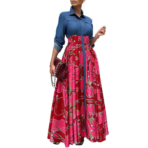 Image of Autumn Winte Dresses Printing Red Blue Long Dress Maxi Dress-FrenzyAfricanFashion.com