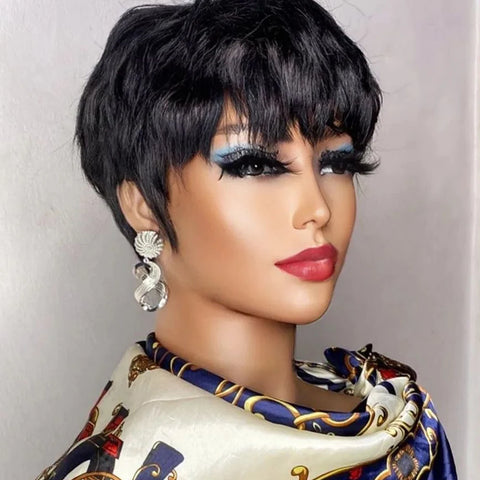 Image of Brown Short Pixie Cut Wig Human Hair For Black Women Machine Made Wigs With Bangs Colored Glueless Wig Human Hair Wigs-FrenzyAfricanFashion.com