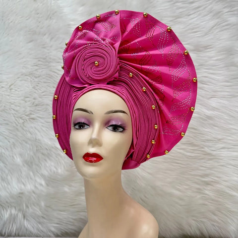 Image of Fahion High Quality Nigerian Gele Headtie Aso Oke Gele Already Made Auto Gele Aso Ebi Headtie African Turban with Bead Z1113-1-FrenzyAfricanFashion.com