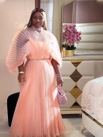 Image of 2024 Striking Powder Pink Pleated Chiffon Long Gowns with Floral Sash A-line Full Sleeves Elegant Formal Dresses Women Clothing-FrenzyAfricanFashion.com