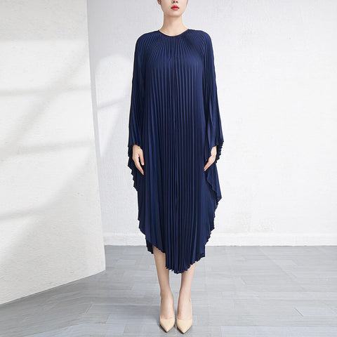 Image of Solid Batwing Sleeve Pleated Dress Loose Irregular Clothing Spring Autumn-FrenzyAfricanFashion.com