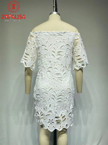 Image of Elegant Women Summer Solid Color Pencil Dress Hollow Out Design Lace Decor See Through Slash Neck Half Sleeve Slim Mini Dress-FrenzyAfricanFashion.com