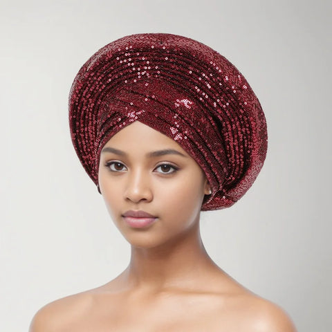 Image of Sequins Auto Gele Headtie African Women's Head Wraps Fashion Turban Cap Nigeria Wedding Geles Already Made Head Ties Headpiece-FrenzyAfricanFashion.com