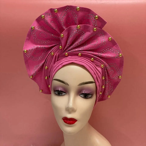 Image of Fahion High Quality Nigerian Gele Headtie Aso Oke Gele Already Made Auto Gele Aso Ebi Headtie African Turban with Bead Z1113-1-FrenzyAfricanFashion.com