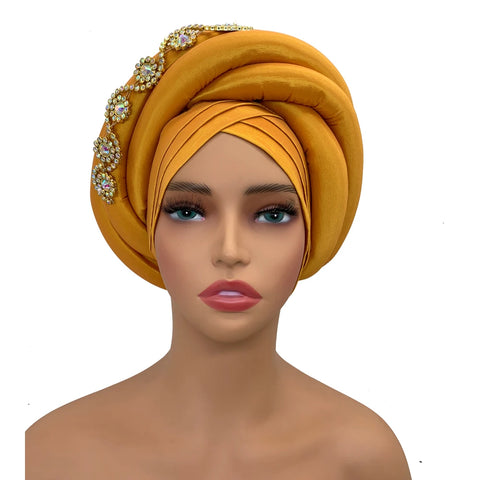 Image of Twisted Braid Turban Cap for Women African Lady Head Wraps Diamonds Nigeria Raw Silk Autogele Headtie Muslim Hat Party Headwear-FrenzyAfricanFashion.com