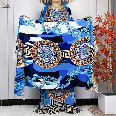 Image of Women Short Sleeve Cotton Loose Femme Robe Dresses With Big Scarf-FrenzyAfricanFashion.com