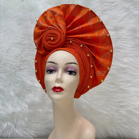 Image of Fahion High Quality Nigerian Gele Headtie Aso Oke Gele Already Made Auto Gele Aso Ebi Headtie African Turban with Bead Z1113-1-FrenzyAfricanFashion.com