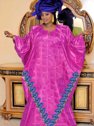 Image of Guipure Bazin Riche Long Dresses With Scarf For Nigeria Women Party Clothing Bazin Riche Dashiki Robe Free Size-FrenzyAfricanFashion.com