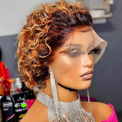 Image of Pixie Cut Wig 99J Color Lace Wig Spring curl Short Bob Human Hair Wig For Women Natural Black Color Blonde Jarin Hair Cheap Wig-FrenzyAfricanFashion.com