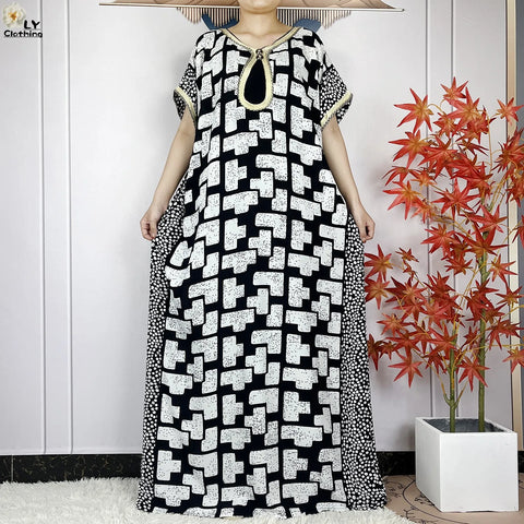 Image of Women Short Sleeve Cotton Loose Dress Boubou Maxi Dresses With Scarf-FrenzyAfricanFashion.com