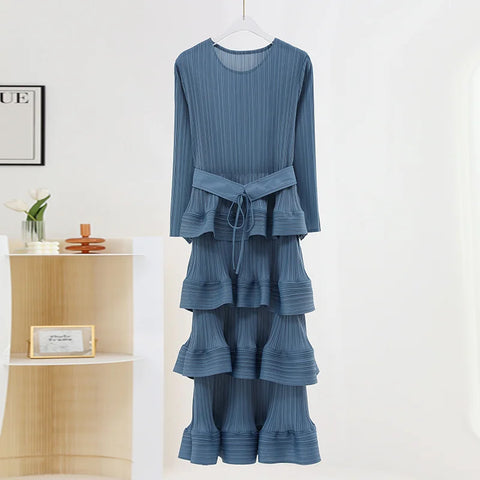 Image of Women Pleated Mid Dress Solid Color Ruffles Party Wedding-FrenzyAfricanFashion.com