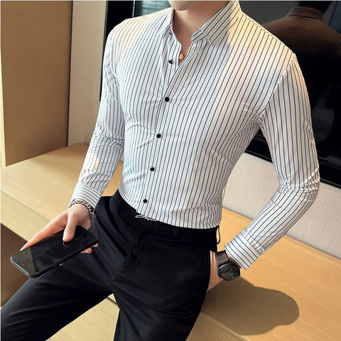 Image of Plus Size 4XL-M High Elasticity Seamless Shirts Men Long Sleeve Top Quality Slim Casual Luxury Shirt Social Formal Dress Shirts-FrenzyAfricanFashion.com