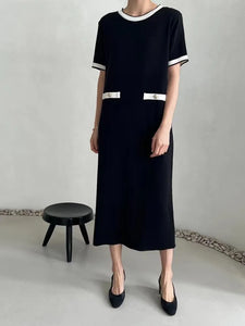 French Style Knit Dress Women O-neck Contrast Color Short Sleeve Casual Midi Long Dresses-FrenzyAfricanFashion.com
