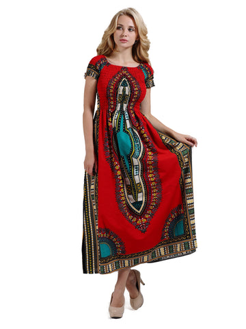 Image of Cotton Vintage Dashiki Long Dress Petal Sleeve Slash Neck African Print Maxi Dresses - two wearing styles-FrenzyAfricanFashion.com