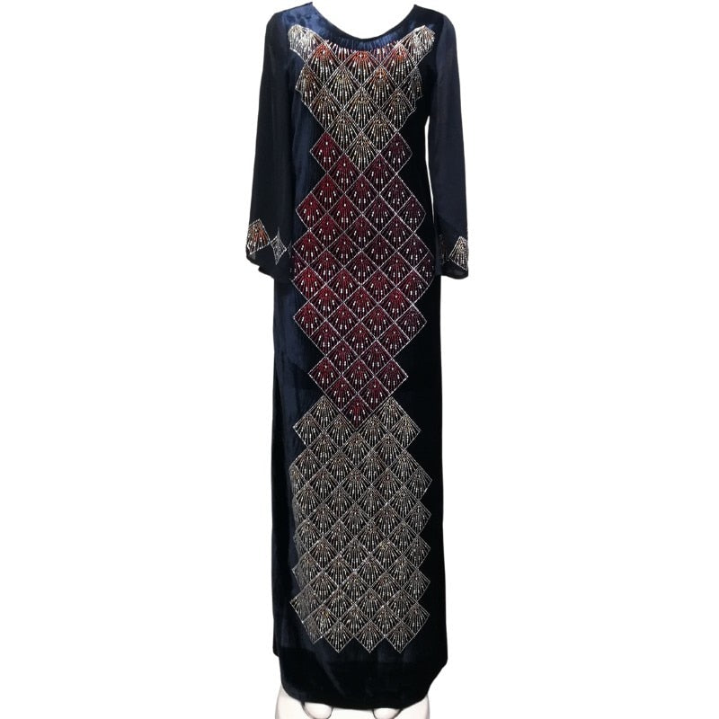 Autumn Dresses Women Abaya Diamonds Maxi Dress Ankara-FrenzyAfricanFashion.com