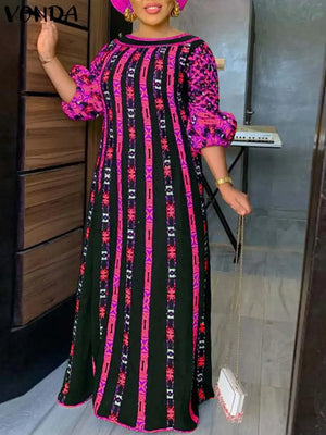 Plus Size 5XL VONDA Autumn Women Long Maxi Sundress O-Neck Printed Casual Bohemian Robe Female Lantern Sleeve Party Vestido-FrenzyAfricanFashion.com