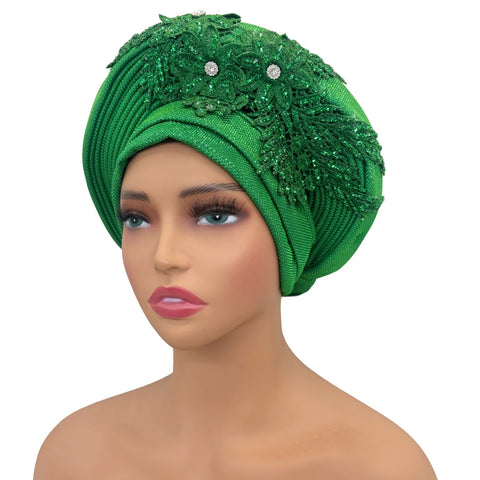 Image of Embroidery Flower African Autogele Headtie Women's Fashion Turban Cap Wedding Gele Party Headpiece Nigeria Female Head Wraps-FrenzyAfricanFashion.com