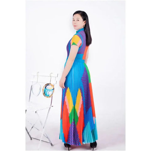 Image of Pleated Geometric Print Corn Pleated Short Sleeve T-Shirt Fashion High Waist Pleated Dress Casual Party Set-FrenzyAfricanFashion.com