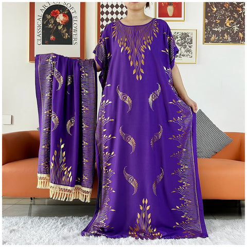 Image of Women Dubai Stretch Print Loose Fit Elegant Dresses Caftan Moroccan Robe With Headscarf-FrenzyAfricanFashion.com