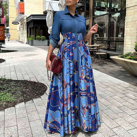 Image of Autumn Winte Dresses Printing Red Blue Long Dress Maxi Dress-FrenzyAfricanFashion.com