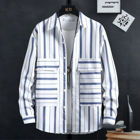 Image of Thin Spring Summer Autumn Men's Clothing Button Turn-down Collar Striped Man Fashion Casual Loose Office Handsome Pockets Shirts-FrenzyAfricanFashion.com