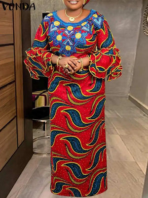 Plus Size 5XL VONDA Autumn Bohemian Women Maxi Dress Vintage Floral Printed Ruffled 3/4 Sleeve Long Sundress Casual Pleated Robe-FrenzyAfricanFashion.com