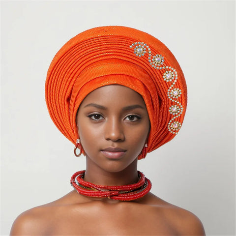 Image of African auto gele Headtie Wedding Party Headpiece Women Head Wraps Muslim Hat-FrenzyAfricanFashion.com