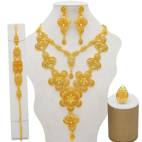 Image of Dubai Jewelry Sets Gold Color Necklace &amp; Earring Set For Women African France Wedding Party Jewelery Ethiopia Bridal Gifts-FrenzyAfricanFashion.com