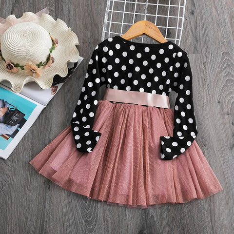 Image of Polka Dot Long Sleeve Tulle Kids Princess Dresses Girls Spring Autumn Wedding Birthday Party-FrenzyAfricanFashion.com