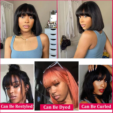 Image of 3X1 Middle Part Lace Wig Bob Wigs Full Machine Made Bone Straight Human Hair Wigs With Bangs Short Bob Human Hair Wigs For Women-FrenzyAfricanFashion.com