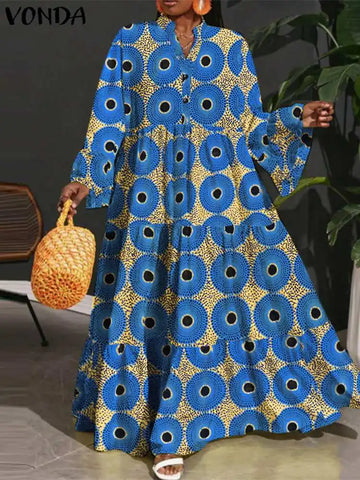 Image of VONDA Plus Size Women Maxi Long Dress 2024 Fashion Party Dress Autumn Flare Long Sleeve Printed Robe Loose Vestidos Oversized-FrenzyAfricanFashion.com