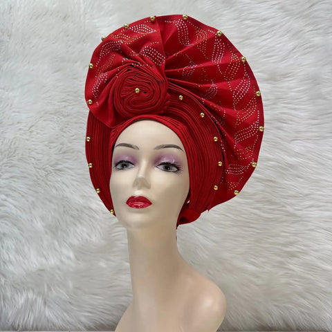 Image of Fahion High Quality Nigerian Gele Headtie Aso Oke Gele Already Made Auto Gele Aso Ebi Headtie African Turban with Bead Z1113-1-FrenzyAfricanFashion.com