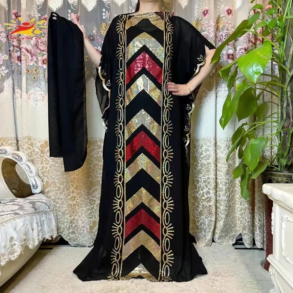 Women Abaya African Embroidery Flower Dress With Scarf-FrenzyAfricanFashion.com