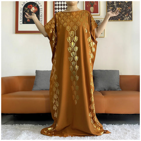 Image of Women Dubai Stretch Print Loose Fit Elegant Dresses Caftan Moroccan Robe With Headscarf-FrenzyAfricanFashion.com