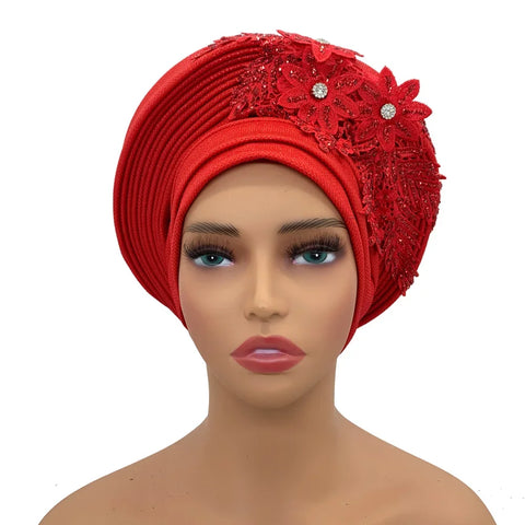 Image of Embroidery Flower African Autogele Headtie Women's Fashion Turban Cap Wedding Gele Party Headpiece Nigeria Female Head Wraps-FrenzyAfricanFashion.com