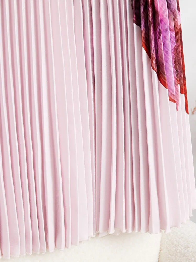 Elegant Pleated 2 Pieces Set Printed Women Pink Long Sleeves Slim Thin Tops High Waist Fold Skirts-FrenzyAfricanFashion.com