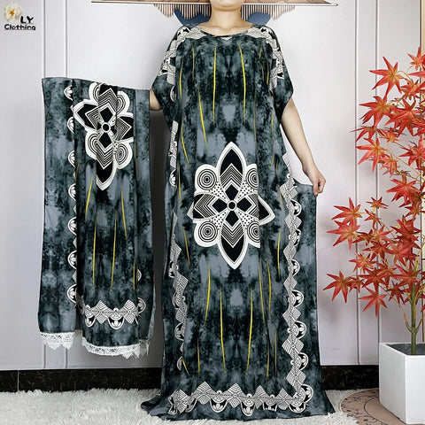 Image of Women Short Sleeve Cotton Loose Femme Robe Dresses With Big Scarf-FrenzyAfricanFashion.com