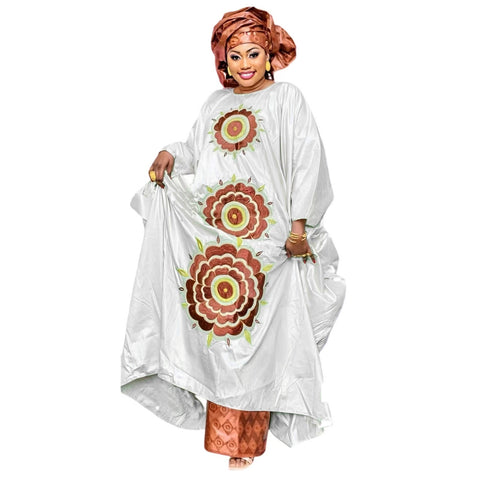 Image of Woman Plus Size Dress Bazin Riche Long Dress With Scarf 3pieces One Set-FrenzyAfricanFashion.com