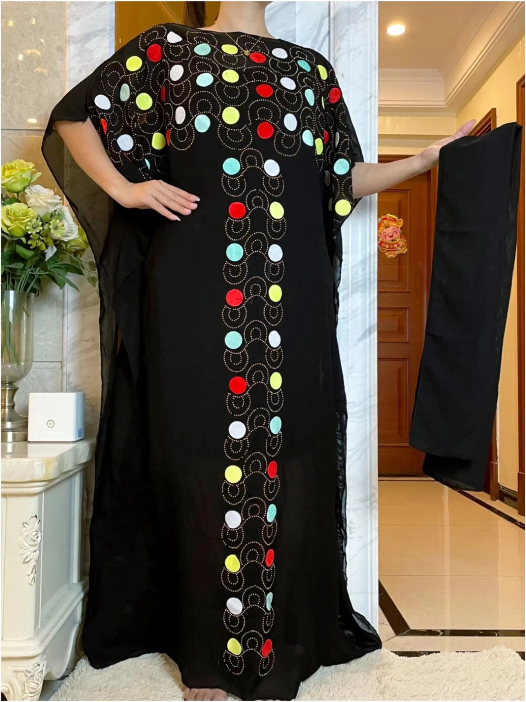 Women Abaya African Embroidery Flower Dress With Scarf-FrenzyAfricanFashion.com