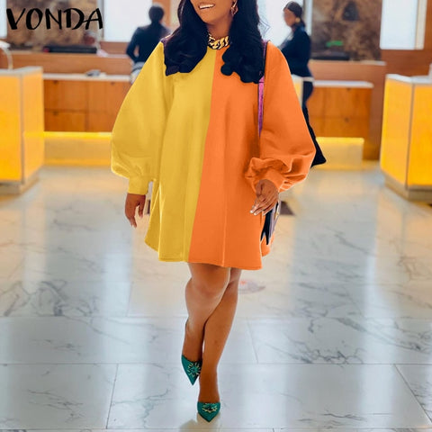 Image of VONDA Oversize Femme Pleated Polyester 3/4 Sleeve Loose Vestido Elegant Women Fashion Robe O Neck A-Line Patchwork Midi Sundress-FrenzyAfricanFashion.com