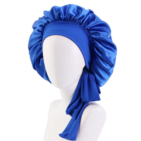 Image of Satin Solid Sleeping Hat with Stretchy Tie Band Elastic Night Shower Cap Adjustable Hair Head Cover Bonnet turban-FrenzyAfricanFashion.com