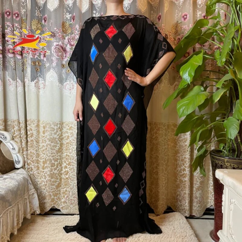 Women Abaya African Embroidery Flower Dress With Scarf-FrenzyAfricanFashion.com