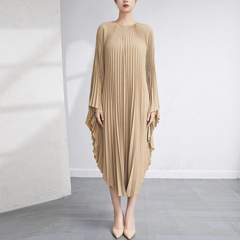 Image of Solid Batwing Sleeve Pleated Dress Loose Irregular Clothing Spring Autumn-FrenzyAfricanFashion.com