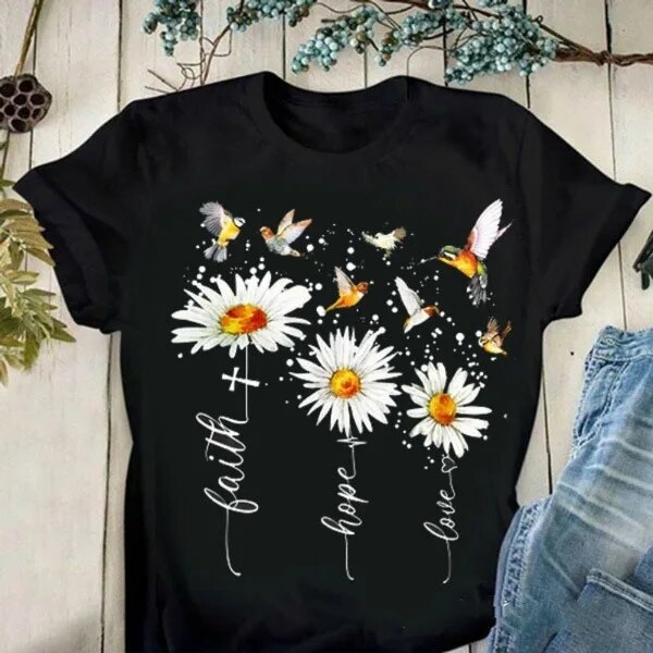 Faith Hope Love Daisy Print T Shirt Women Short Sleeve O Neck Loose-FrenzyAfricanFashion.com